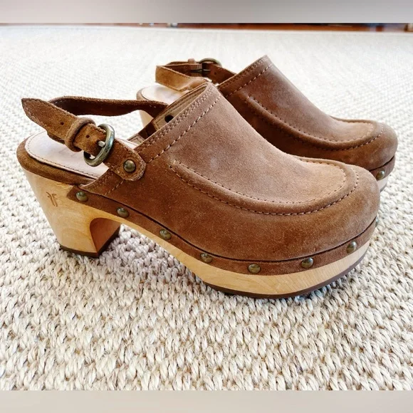 Frye Jessica clog in brown -Brown Suede Wooden Clog Heels - Women's 6 - Picture 1 of 8